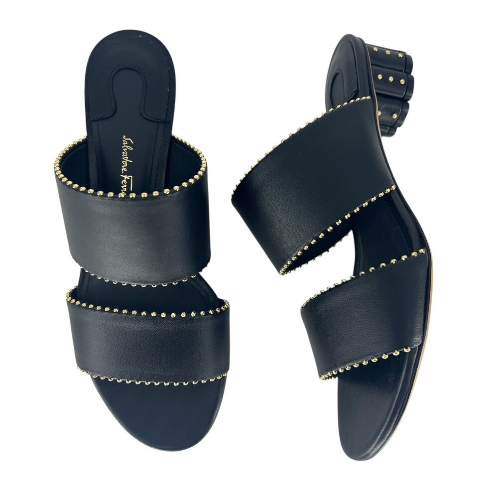 Salvatore Ferragamo Black Belluno Studs Slide Two-Strap Mule - Picture 2 of 14